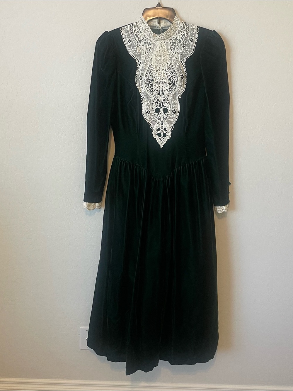 Jessica McClintock sage green Velvet Long-Sleeve Dress with Ivory Lace Bib